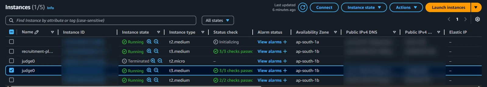The EC2 console with the recruitment-platform API and Judge0 on separate t3.medium instances. Instance IDs and addresses are blurred.